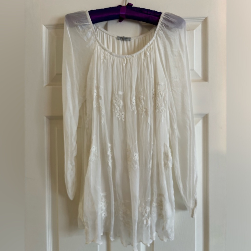 Elena Baldi (Italy) Summer Silk Blend Top with Embroidered Floral Design, Large - Picture 2 of 9